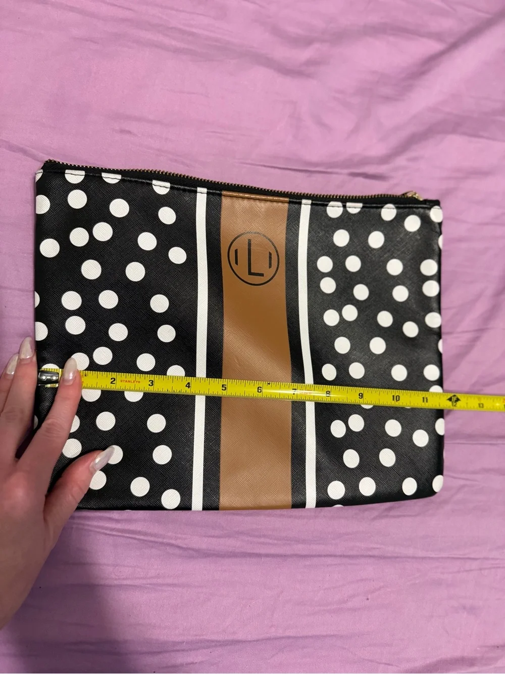 L Monogram Black & White Polka Dot Pouch with Brown Stripe